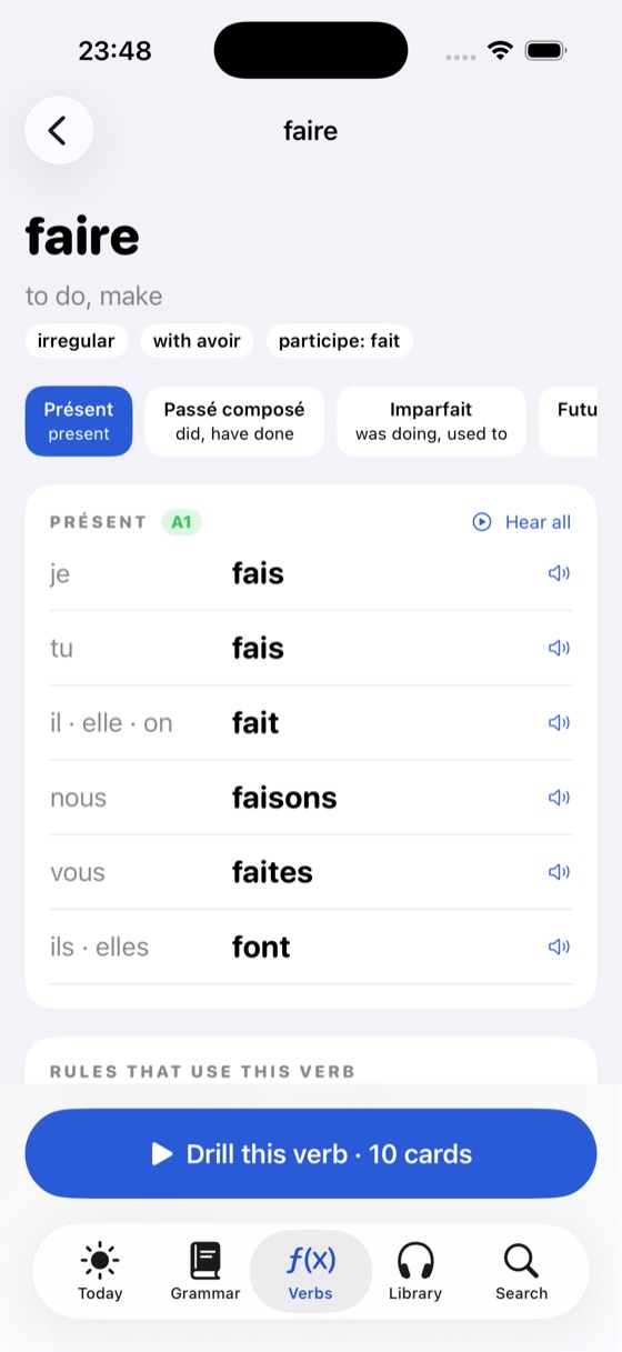 A verb conjugation table